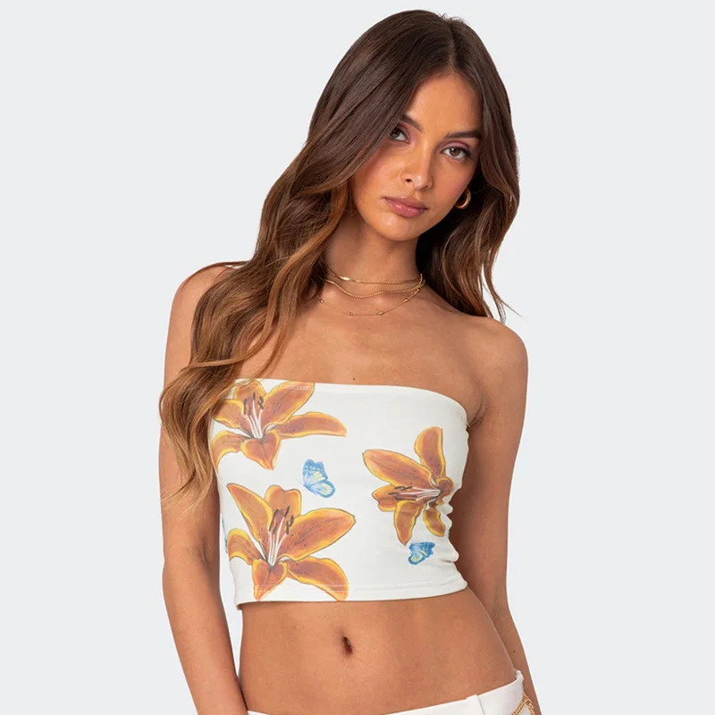 Sexy Sleeveless Floral Print Crop Top European And American Fashion Strapless Women Short Length Belly Baring Top