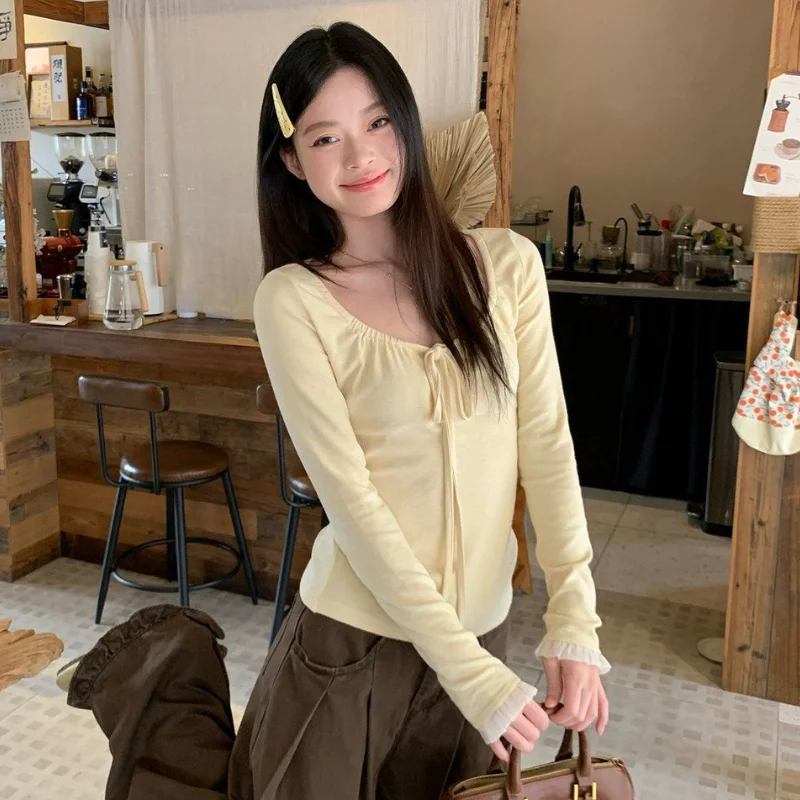 

Korean Style Square Neckline Inner Long Sleeved T-Shirt for Women's Spring and Autumn New Slim Fit Base Long Sleeve Top
