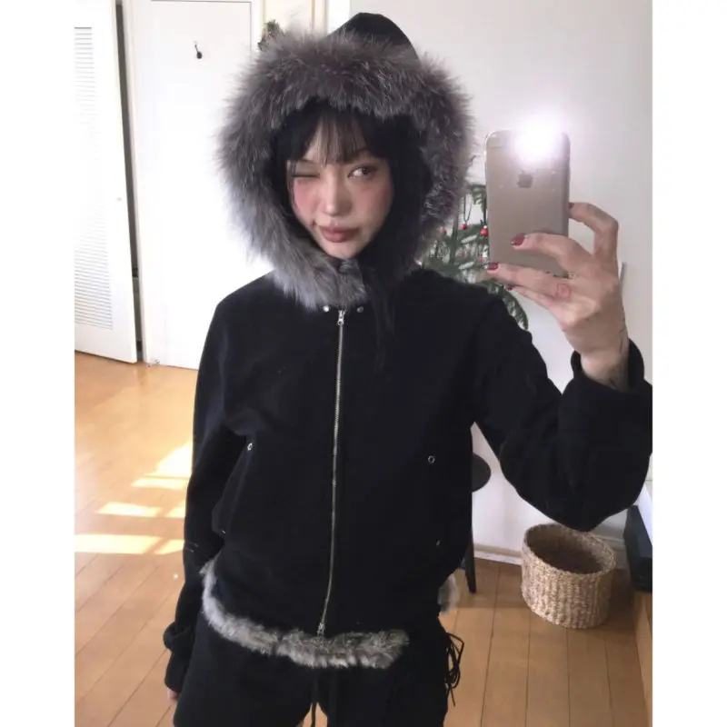 

Maillard style spicy girl patchwork design sense hooded sweatshirt autumn/winter American short zipper slim fit women's top