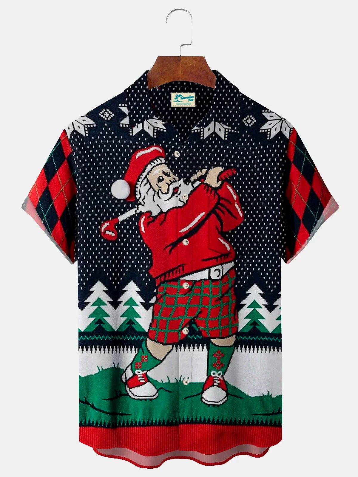 Baju natal pria Tahun Baru 2024 kemeja Hawaii kancing liburan lengan pendek cetak Golf Santa Claus