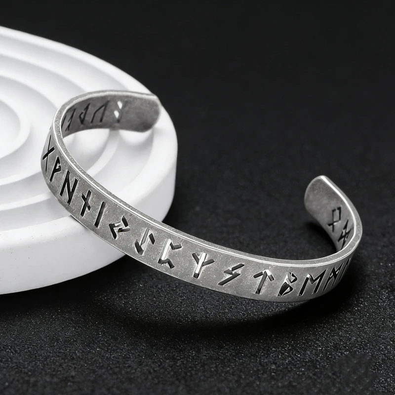 Vintage Viking Runes Engraved Stainless Steel Open Cuff Bangle for Men Retro Amulet Bracelet Punk Jewelry Gift for Husband
