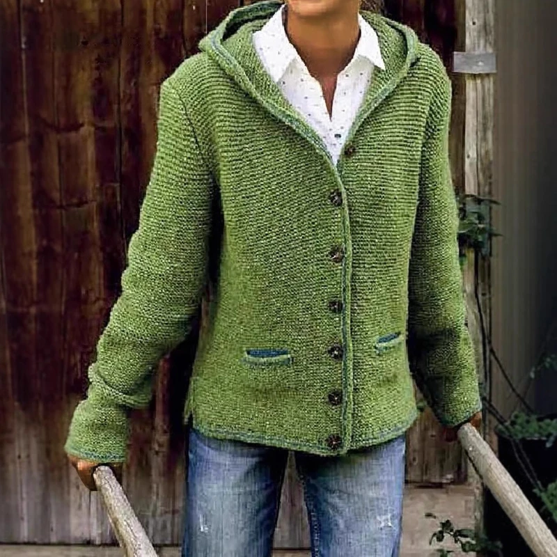 

2025 Autumn and Winter Fashion Solid Color Pocket Hooded Sweater Women's Elegant Knit Cardigan