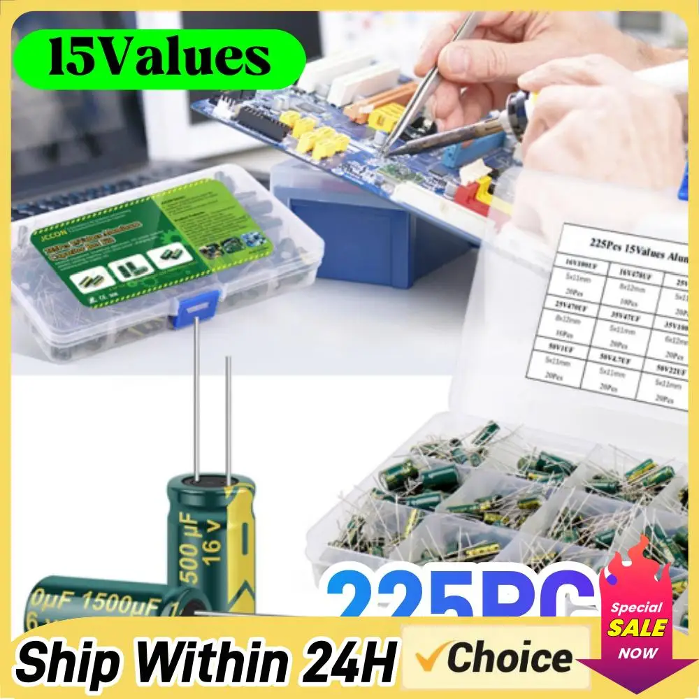 

Набор алюминиевых электролитических конденсаторов с низким ESR, 225 шт./коробка, 15 номиналов, 16В-50В, 1мкФ-470мкФ, DIP, ассорти