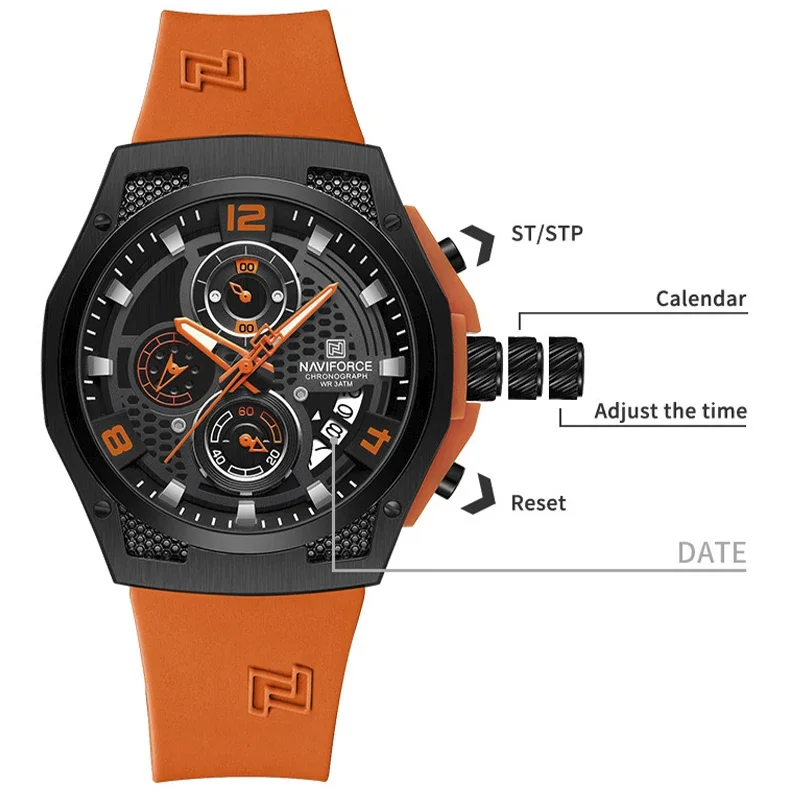 NAVIFORCE NF8051T Mens Wristwatches Waterproof Fashion Multi Function Quartz Calendar Watch Man Design Luminous hands