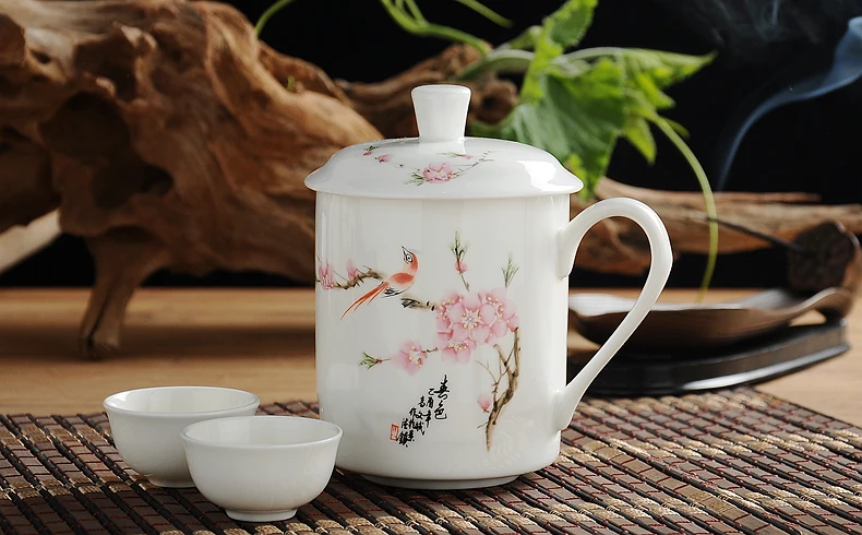 550ML Chinoiserie Colorful Magpie, Bone China Mugs for Sublimation, Spring View, Enamel Coffee Lid, with Lid