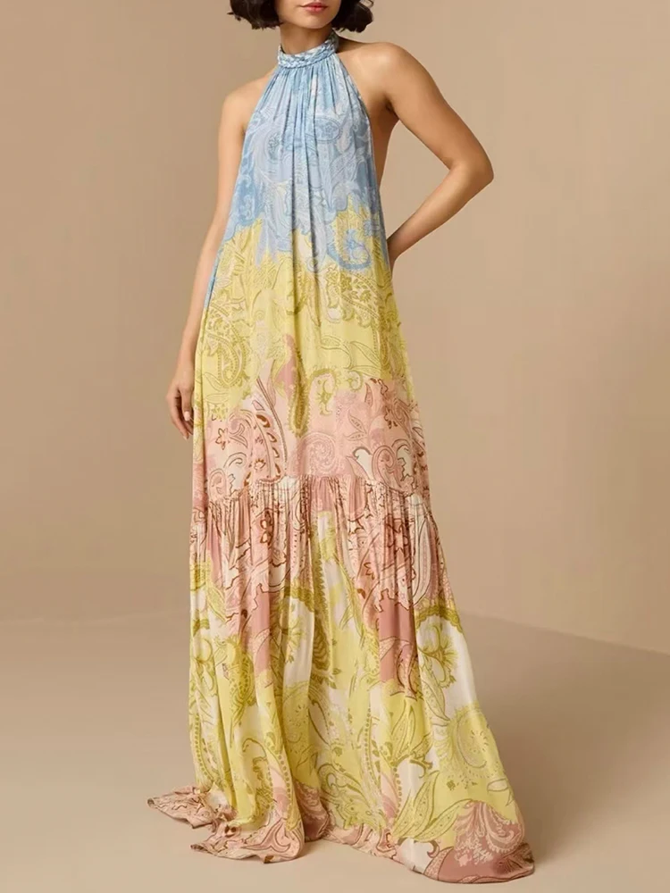 Retro geometric print sexy backless sleeveless hanging neck dress 2026 summer women's fashion pleated loose A-line skirt