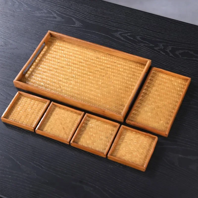 Retro Bamboo Woven Fruit Plate Large Lacquer Grid Tea Tray Storage Dry Bubble Tray Household Refreshment Tray Japanese Style 3