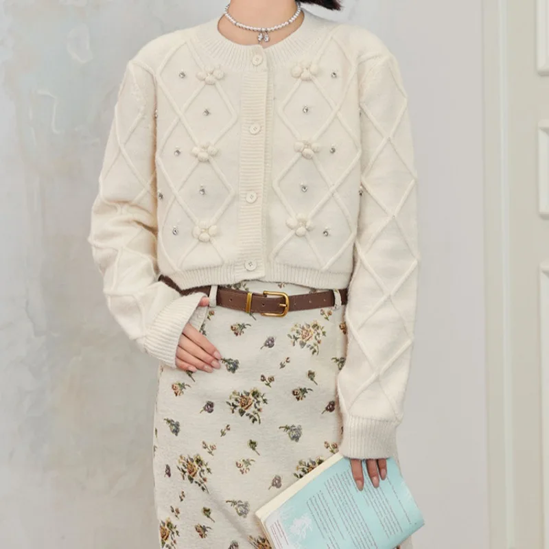 Fall Winter New Heavy Industry Beads Hand-embroidered Single-breasted Soft Waxy Knitted Cardigan Retro Mori Sweet Sweater Women