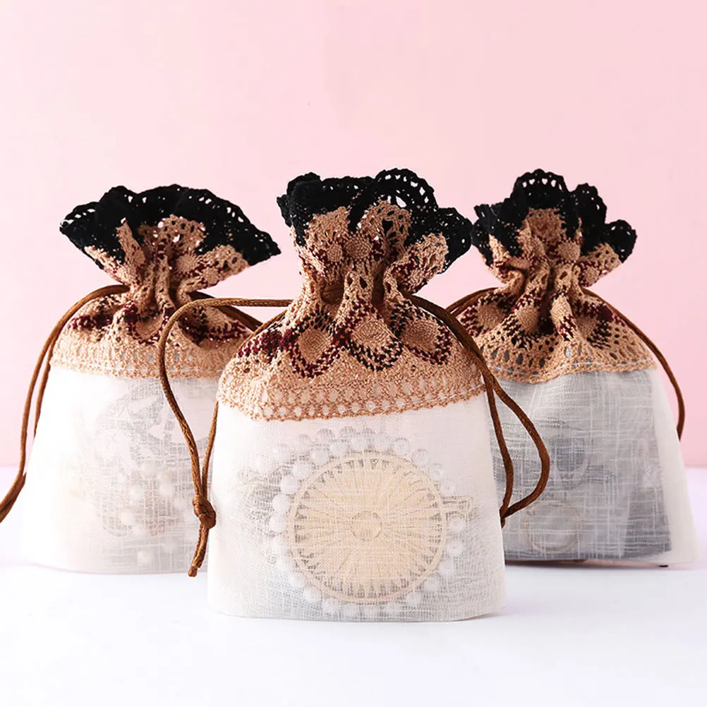 

5pcs Lace Drawstring Bags Coffee Black Mesh Pouch For Jewelry Candy Wedding Favors Storage Gift Packaging Party Reusable Small