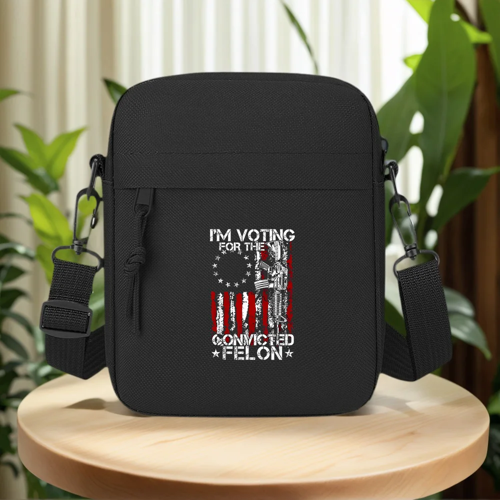 Text reads: Voting for convicted felon Men Crossbody Bag Single Shoulder Women Cartoon Anime Film Printing Design Unisex