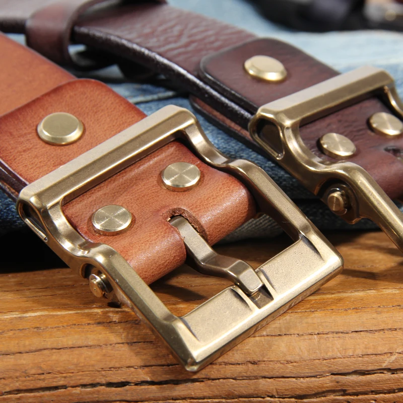 Retro Heavy Metal Rock Style Brass Pin Buckle Casual Men's Leather Belt Vintage Luxury Handmade Top Layer Cow Jeans Soft Belt