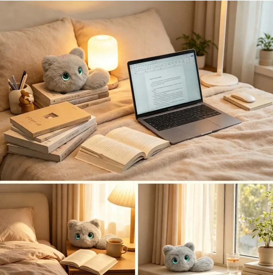AI Curious Cat Lying Companion Touch-Response Plush Virtual Pet with 80-Language Chat And 8 Animated Emoji Eyes for Desktop & Be