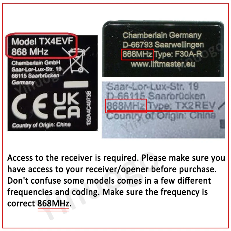 10 pz Sostituzione LiftMaster TX4EVF TX2EV TX4EV Chamberlain TX4REVF TX2REV TX4REV 868 MHz Porta Del Garage Telecomando Apri del Cancello