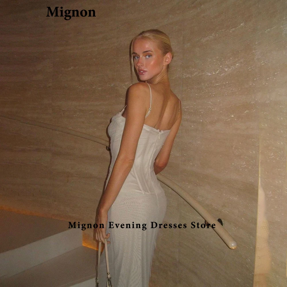 Mignon Organza White Sexy Mermaid Pleat Spaghetti Strap Zipper up ILLUSION Evening Dresses Tulle Slit A Line Bridal Maids Dress