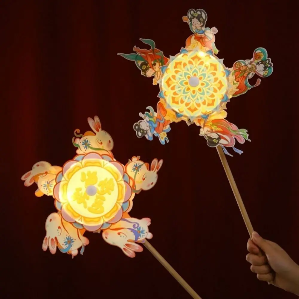 Light up Rotating Windmill Lantern China-Chic Handmade Mid Autumn Lantern Handheld DIY Material Bag Rabbit Windmill Lantern