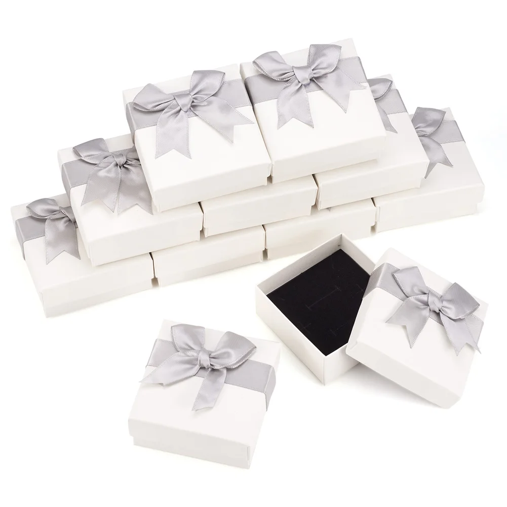 

12pcs Square Paper Jewelry Gift Box with Sponge Mat Polyester Bowknot for Rings Necklace Earrings Jewellery Packaging Display