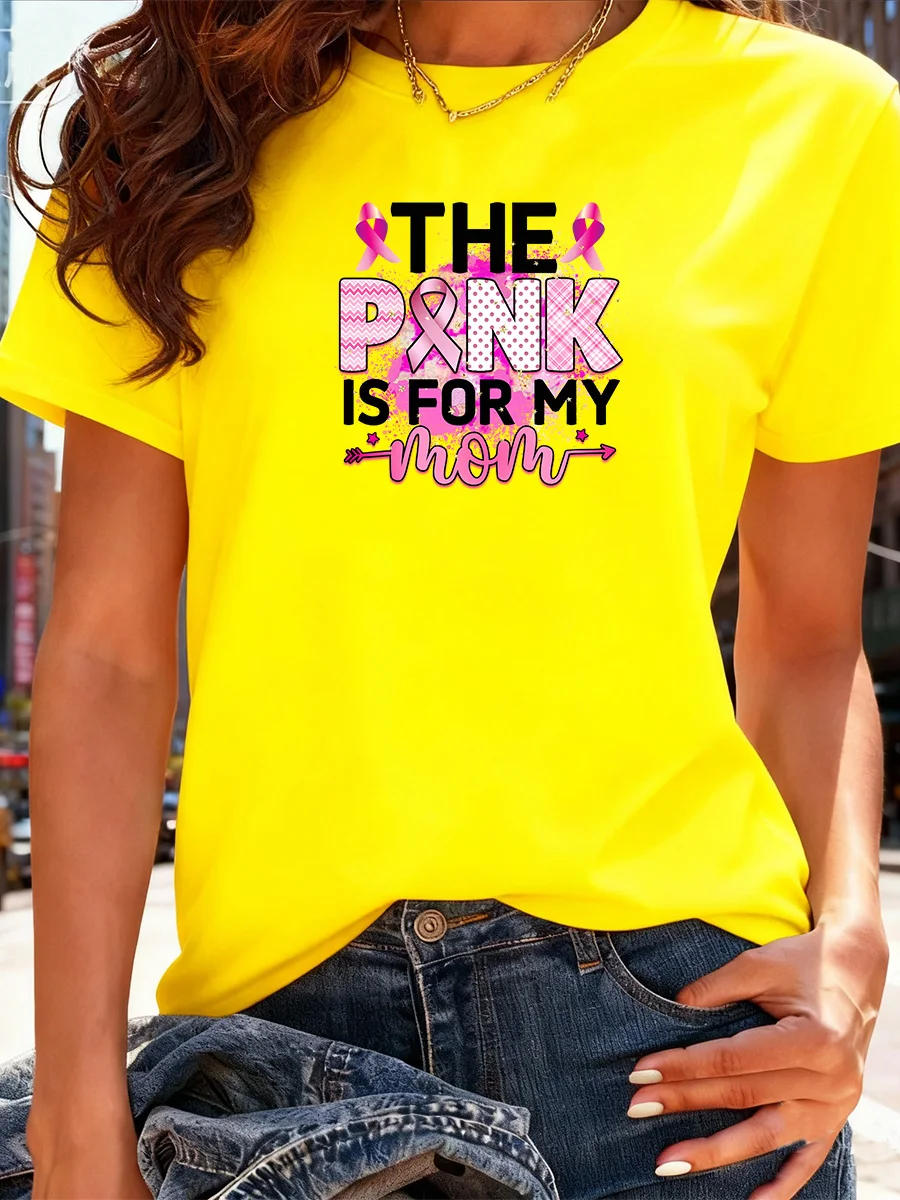 تي شيرت أسود قصير الأكمام "وردي لأمي" للتوعية بسرطان الثدي مع شريط وطباعة حروف #2