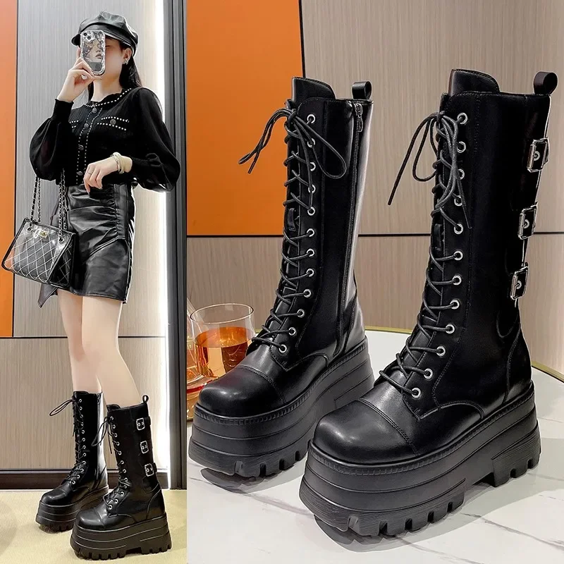 11.5CM Women Shoes Metal Decoration Women's Boots Autmn Spring Side Zip Hot Sale Round Head Platform Belt Buckle Knee-High Boots