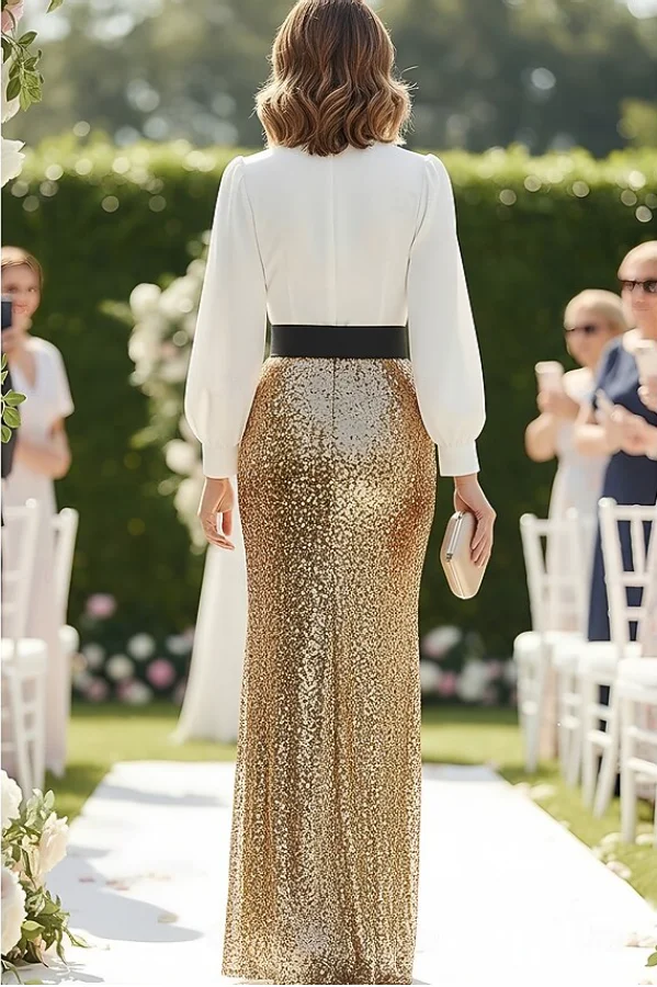 Sheath / Column Floor Length Sequin Dress Long Sleeve V Neck Elegant Satin Sequined Mother of the Bride Dress with Sash / Ribbon