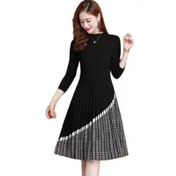 Fashion Color Matching Sweater Women Dress Autumn Winter New Upscale Medium Long Knitting Wool Bottoming Temperament Dress