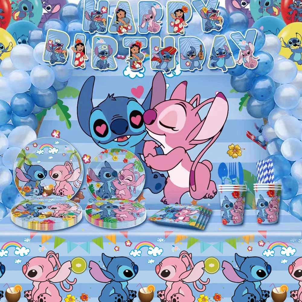 Disney Blue Stitch Birthday Decoration Cartoon Lilo And Stitch Party Balloon Tableware Set Cups Plates Kids Baby Shower Supplies