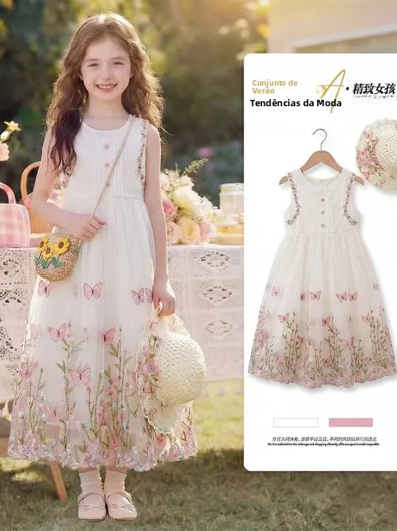 Vestido de Verão Estilo Princesa para Meninas com Chapéu de Fada Borboleta, Roupa Infantil Bonita e Fashion, Respirável e ...