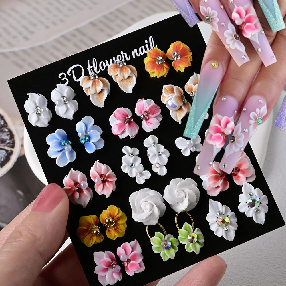 

30Pcs 3D Handmade Acrylic Carved Flwoer Nail Art Charms with Rhinestone Sculpted Floral Nail Decoration DIYCraft Manicure Decor
