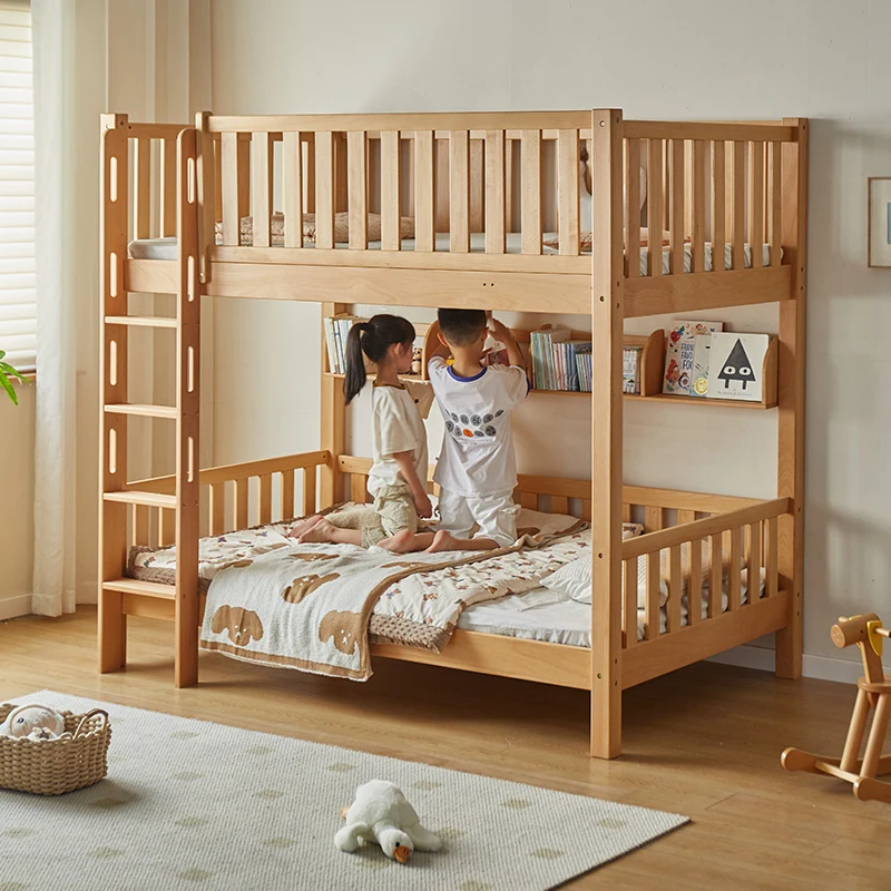 Modern Design Solid Beech Wood Bunk Bed Double Layer High-Low Parent-Child Bed Soft Elevated Guardrail Children's Bed