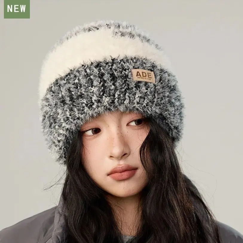 قبعة نسائية شتوية محبوكة سميكة مبطنة بالصوف كتلة ألوان قطيفة تغطي الأذن قبعة دافئة #3