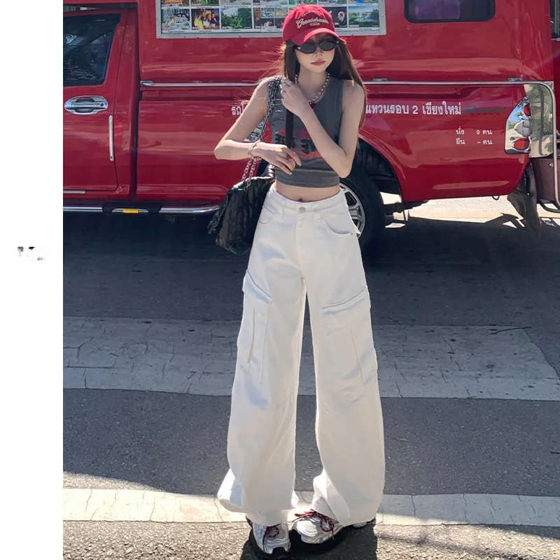 

Off American High Street Loose High Waist White Denim Work Pants Women Spring Autumn New Sle Wide Leg Jeans