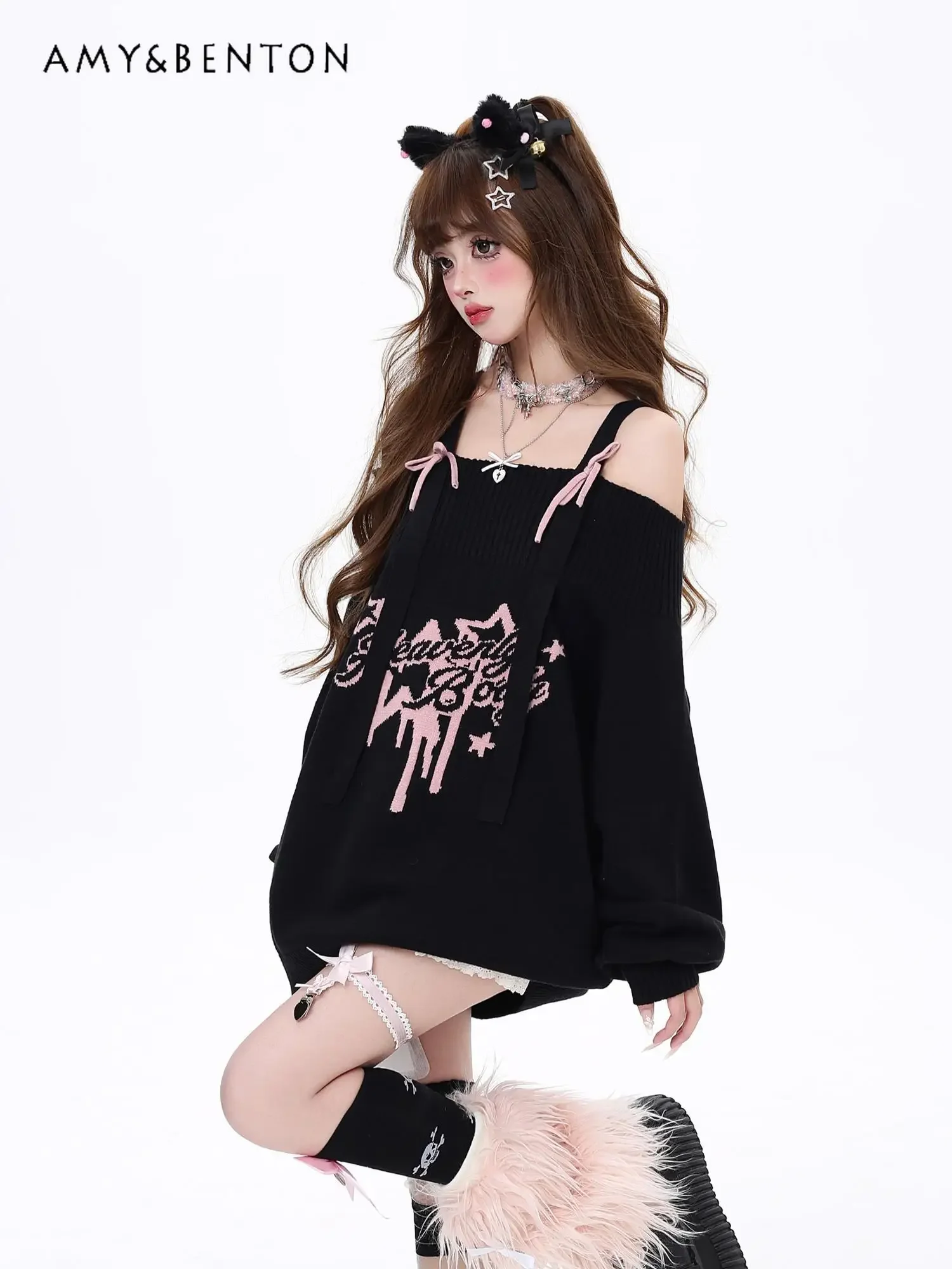 Sweet Bow Sexy Off Shoulder Sweater Women Autumn Winter New Hot Girl Y2K Oversized Sweater Harajuku Subculture Causal Pullover