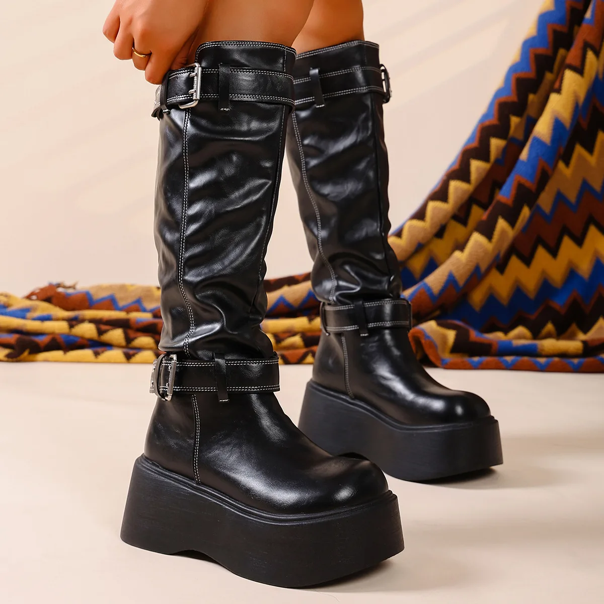 Botas Hasta La Rodilla Apiladas De Estilo Punk Para Mujer, Botas Largas De Cuero Con Punta Redonda, Hebilla De Cinturón, Plataforma, Tacones Altos_voghion.com