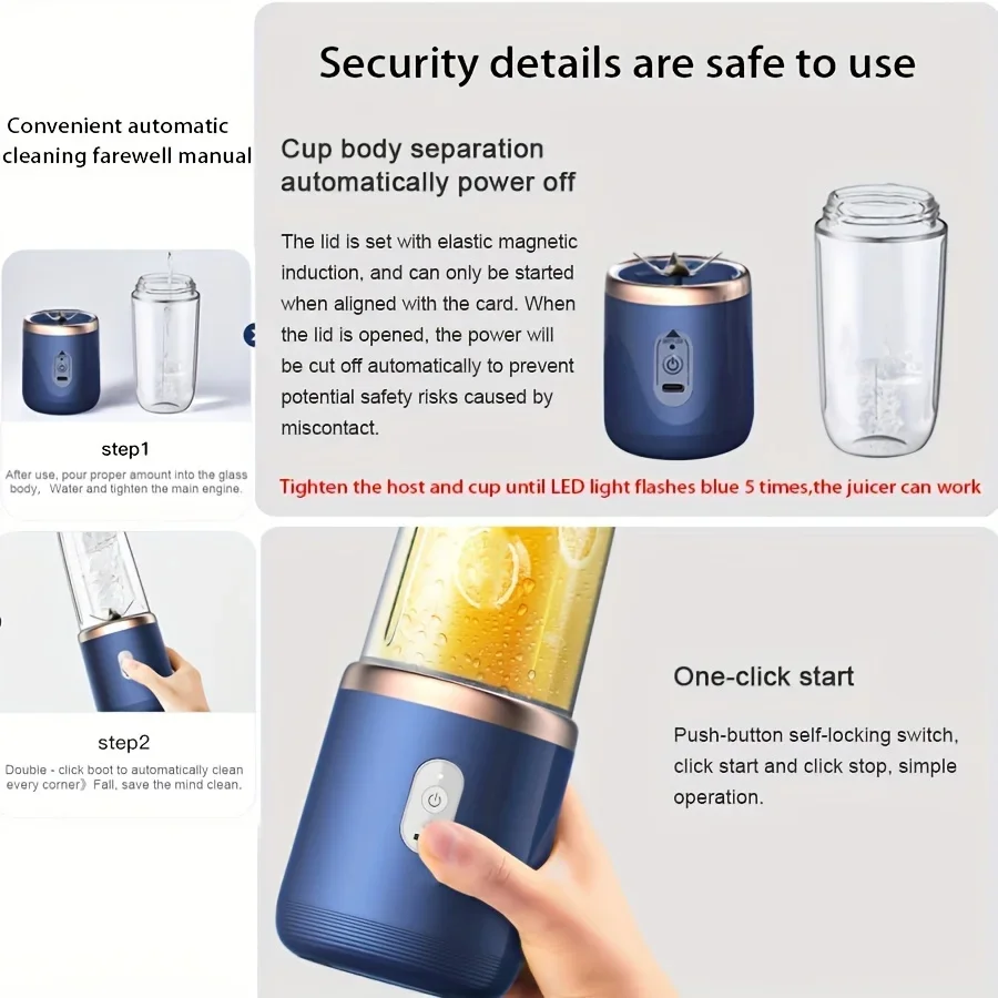 Taza exprimidora eléctrica de 6 hojas, 2 tazas para viaje, mezclador exprimidor portátil, carga Usb, zumo de fruta fresca, licuadora Personal