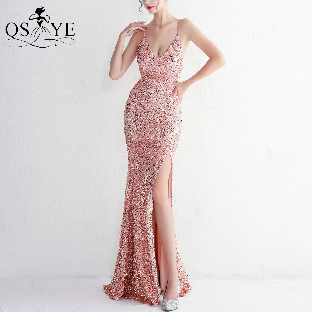 

Glitter Pink Sequin Evening Dresses Spaghetti Straps Mermaid Prom Gown Formal Sexy Deep V Neck Open Back Woman Split Party Dress