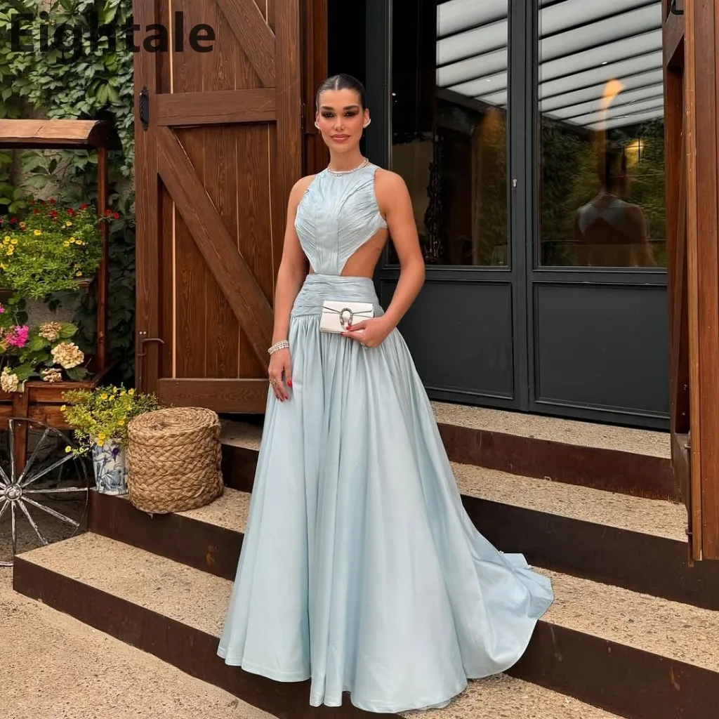 

Customized A Line Sky Blue Halter Neck Evening Dress For Wedding Party Backless Formal Prom Dress Dubai Party Gown
