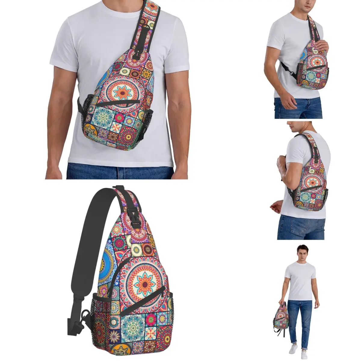 Boho Mandala Art Small Sling Bag Peito Crossbody Ombro Mochila Viagem Caminhadas Mochilas Boêmio Mexicano Casual Bag