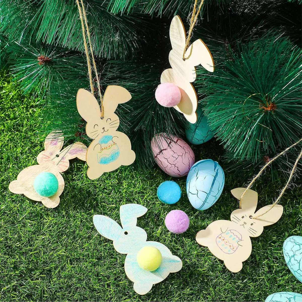 10pcs Diy Colourable Rabbit Hollowed-out Coloured Felt Ball Hanging Cut Craft Label Wooden Easter Ornament Pendant