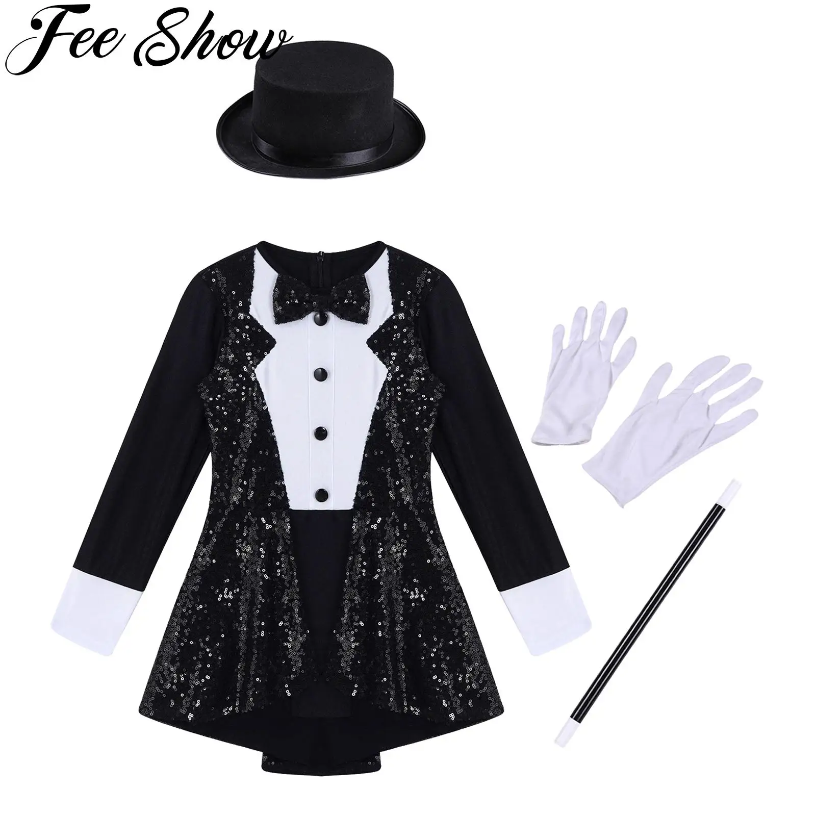 Kids Girls Magician Cosplay Costume Halloween Circus Magic Show Stage Performance Dress Up Shiny Sequin Leotard with Hat Gloves