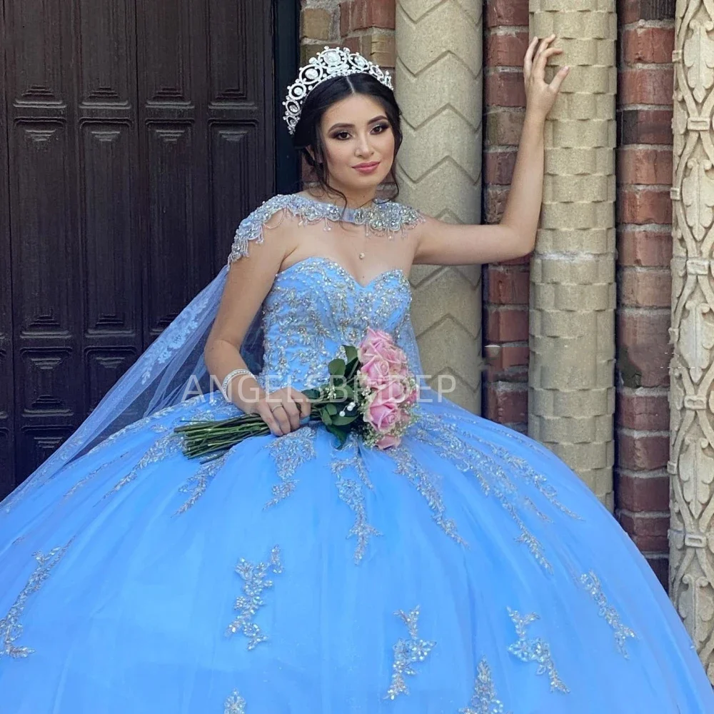 Angelsbridep Customized Gorgeous Sky Blue With Cape Appliques Ball Gown 15 Year Old Quinceanera Dresses 2025 Vestidos De Xv Años