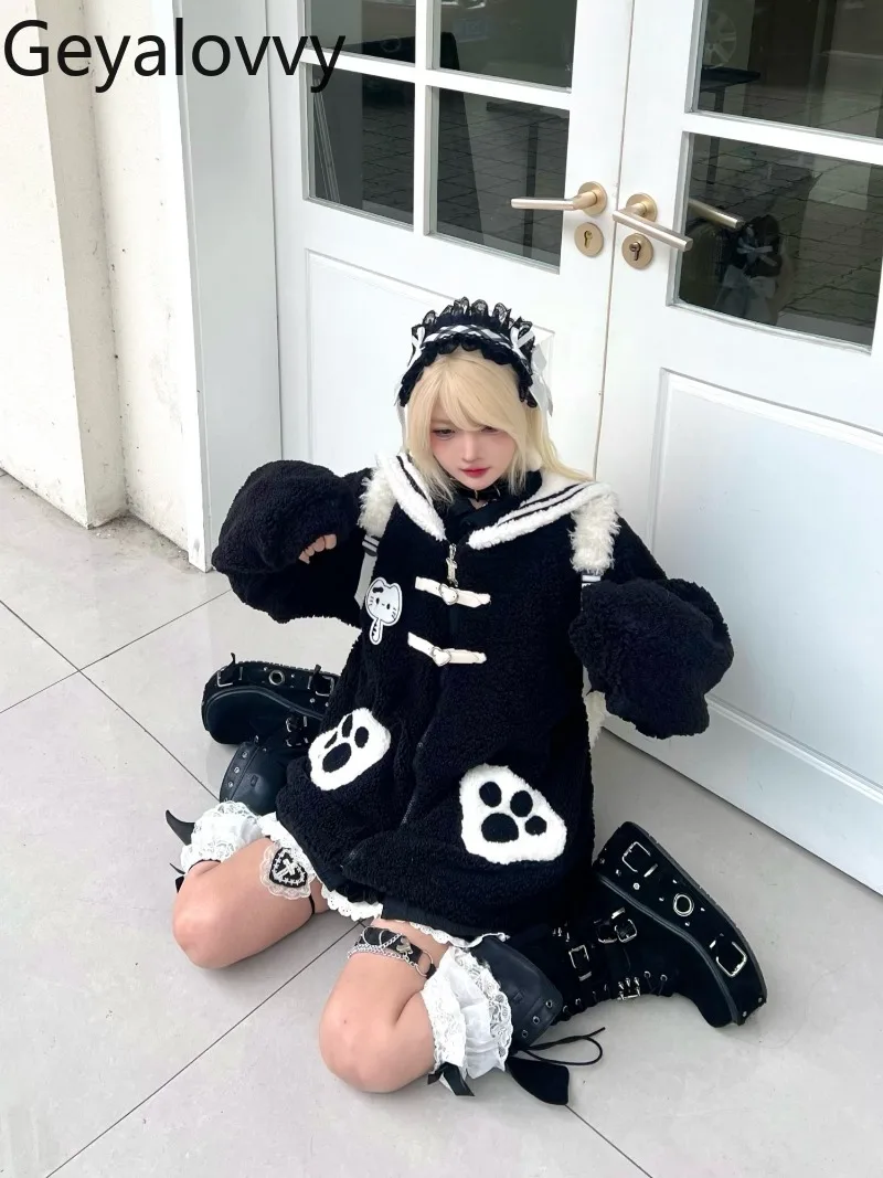 

Autumn Winter New Original Cute Navy Collar Lamb Wool Cotton Coat Sweet Women Versatile Black Loose Soft Girl Cotton Jacket