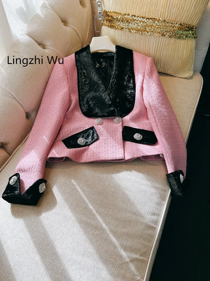 

Lingzhi Wu French Vintage British Luxury Didmond Buttons Turn-Down Collar Rose Red Top Ladies Elegant Top Quality Blazer Outwear