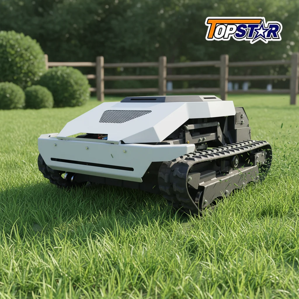 Cordless Tracked Lawn Mower with Obstacle Detection And GPS Remote Control for Rough Terrain Commercial Farm Use