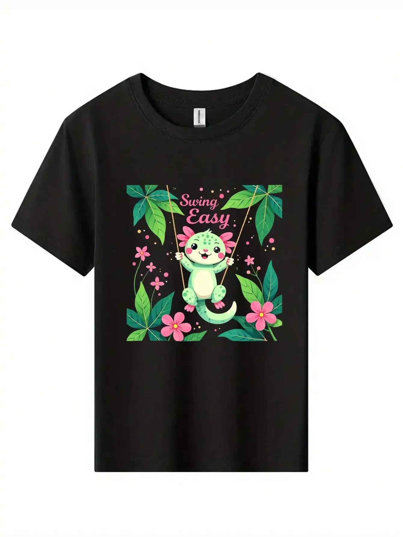 

Милая мексиканская хлопковая футболка Аксолотль [мультяшные джунгли] [черная базовая] футболка с [милыми лемурами, цветами и листьями]