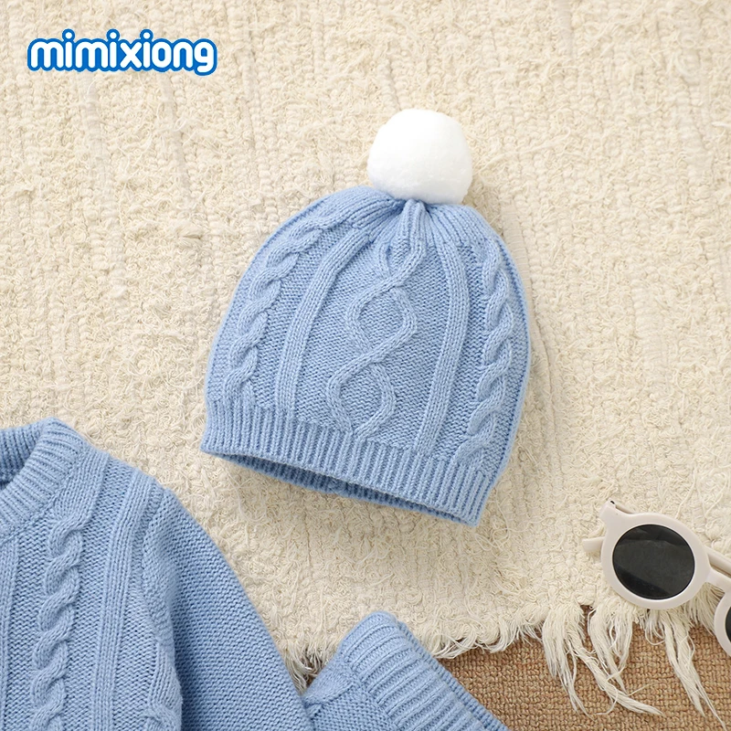 طفل الفتيان الملابس مجموعات الأزرق شتاء دافئ محبوك الوليد الرضع سترة البلوز القمم + السراويل + القبعات الدعاوى 3 قطعة 0-1Y ملابس أطفال #3