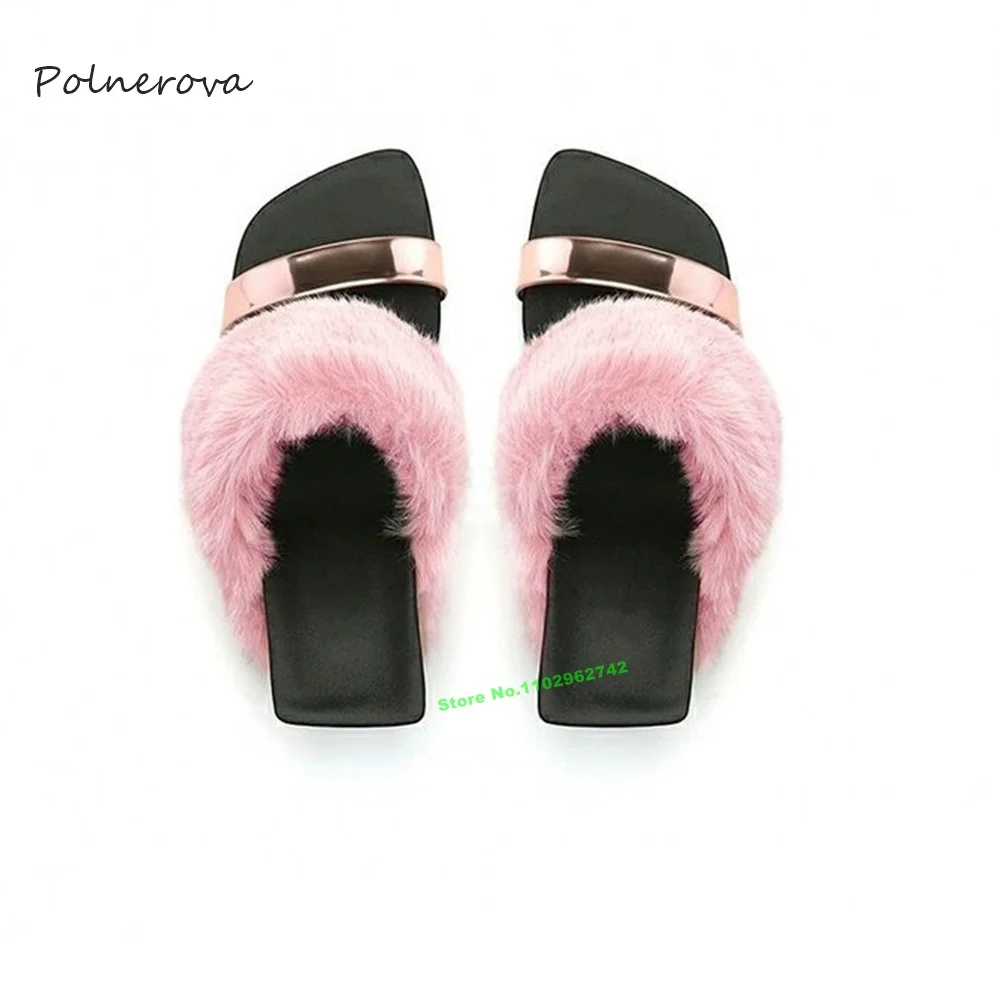 Sexy Furry Strange Style Modern Slippers Square Toe One Strap Slippers 2023 Summer Outside Banquet Dress Shoes for Women Novelty