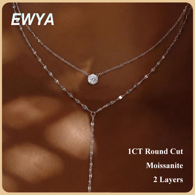EWYA Dainty 1CT 6.5mm Moissanite Double Layer Y Lariat Necklaces S925 Silver Long Drop Neck Chain Wedding Bridal Jewelry Women