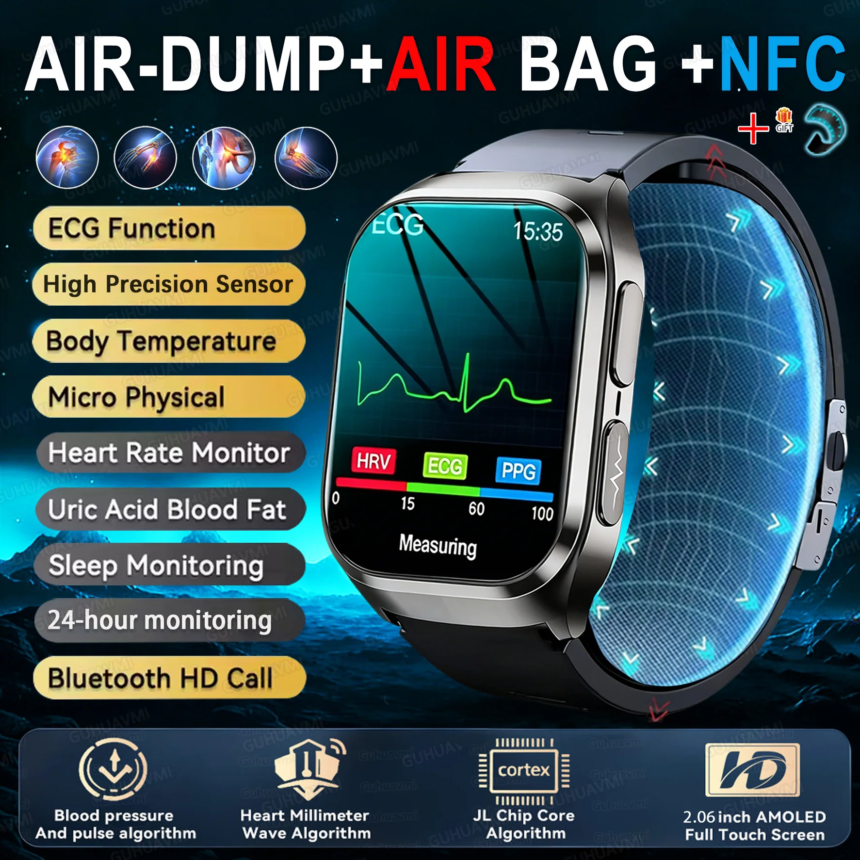 2026 New Upgrade AI Diagnostic Airbag Precise ECG Blood lipids Blood Pressure Health Smart Watch Uric Acid Smart Watch Men Women