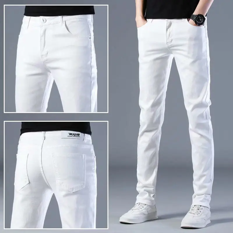 

Korean Popular Clothes Men's Spring Autumn High-end Pure White Jeans Men's Brand Slim Elastic Small Feet Korean Trendy Trousers