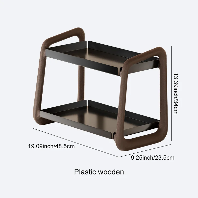 UFORU Plastic Wood Grain Double Layer Countertop Storage Rack, Coffee Tray Waterproof Rustproof Organizer For Kitchen Desktop
