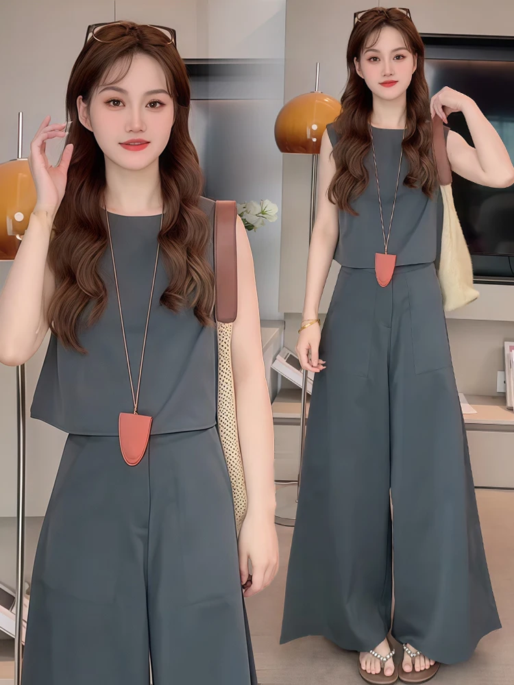 

Корейский комплект Sle для поездок на работу, женский летний комплект 2024, повседневный топ без рукавов, широкие брюки, костюм из двух предметов, модный